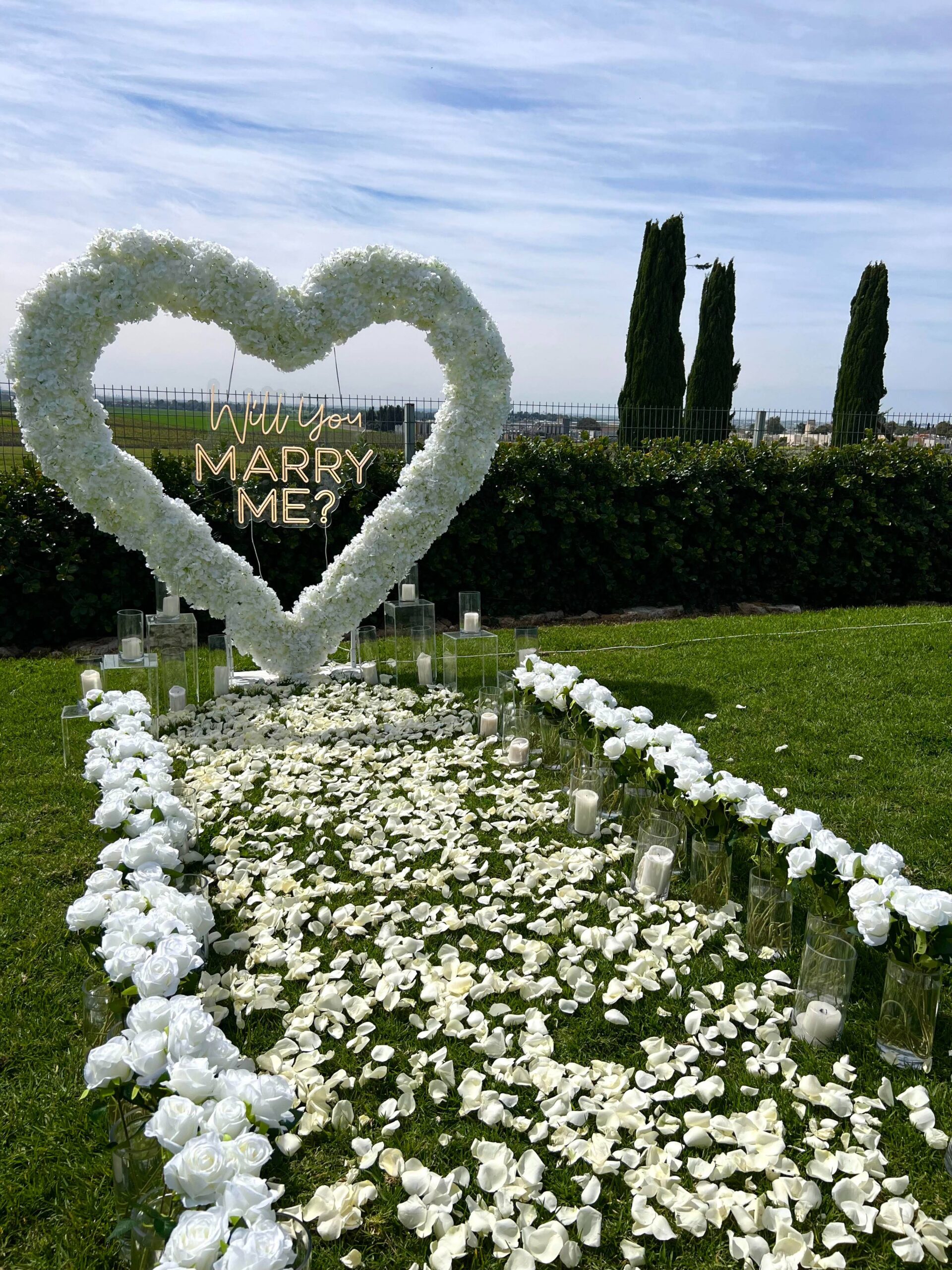 הצעת נישואין בעיצוב שביל לבן, זרי פרחים יוקרתיים ונרות, המובילים לעמדת לב עוצרת נשימה , עם שילוט בכיתוב "will you marry me?". שילוב של אלגנטיות, רגש ונוכחות בלתי נשכחת !