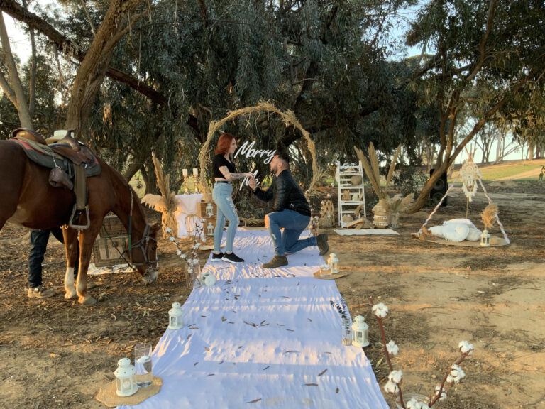 הצעת נישואין ייחודית בסגנון כפרי , המשלבת עמדת הצעה בצורת עיגול קש ייחודי , אביזרי נוי בסגנון בוהו ושביל בד תואם.